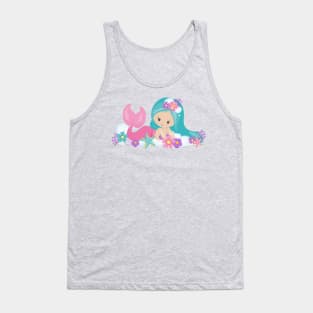 Cute Mermaid, Little Mermaid, Flowers, Blue Hair Tank Top